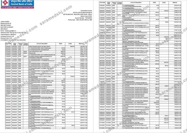 India Central Bank of India statement of account Word and PDF template, 2 pagesss